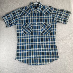 VTG Rock Creek Ranch Shirt Mens Medium Pearl Snap Western Blue Green Rodeo